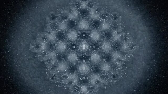 Abstract digital snowflake pattern rotates in hypnotic motion on dark background, ethereal glow
