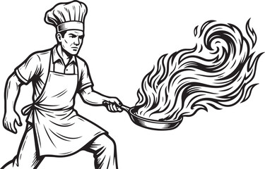 Naklejka premium Chef vector with hat, apron, frying pan, and dramatic flame culinary design