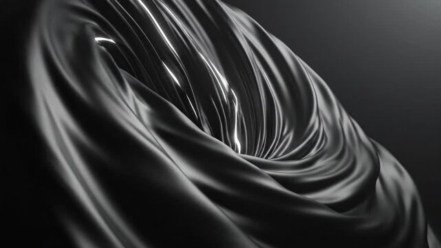 Abstract Shadow Wave Composition inspired by black fabric folds, sculptural dark surfaces resembling liquid silk frozen mid-flow, controlled top lighting producing sharp linear highlights against