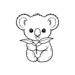 Fototapeta premium Cute cartoon koala holding eucalyptus leaves black white illustration