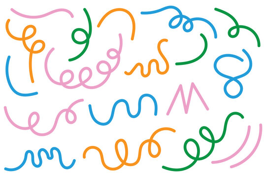 Abstract doodle line shapes, colorful confetti squiggle set.  colorful swirls and curves, line squiggles elements, cute carnival confetti ribbons. Hand drawn arrow set with crayon texture .