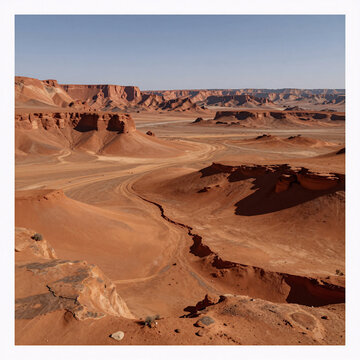 Blueprint Landscape Alien. A 3D Render Of An Imaginary Mars Planet Landscape, Featuring Orange Eroded Desert Mountains In A Realistic Science Fiction Illustration Style