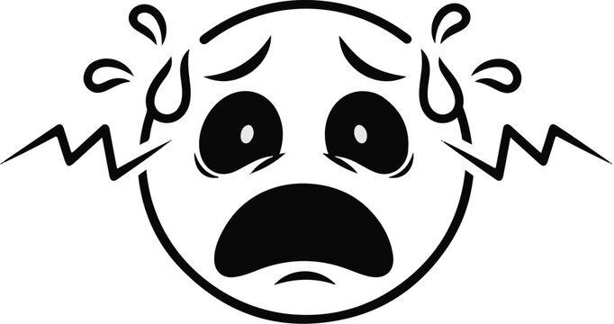 A black and white cartoon of a frightened face with sweat drops and lightning bolts