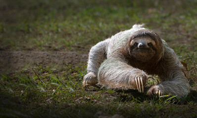 Fototapeta premium Three toed sloth walking on ground portrait in tropical habitat