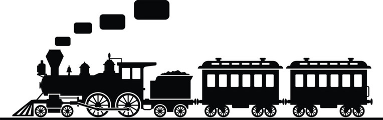 Vintage steam train silhouette vector with locomotive engine and passenger wagons on tracks for historical transportation and travel industry design projects © MdEkramul