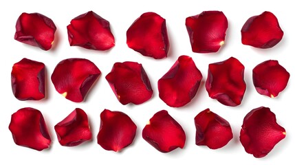 Fototapeta premium Scattered Red Rose Petals on a White Background.