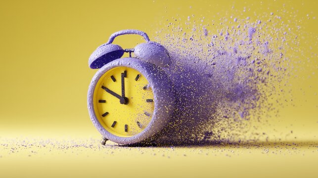 Alarm clock dissolving in violet particle cloud, time decay concept