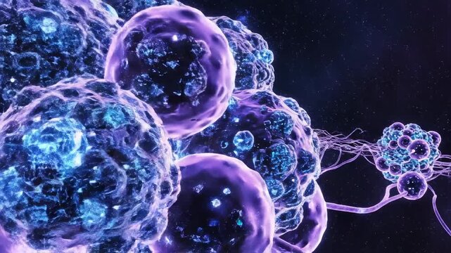 Abstract microbial cosmos inspired by a microscopic world, featuring floating luminous spheres connected by delicate filament networks against a dark volumetric background, electric blues and neon