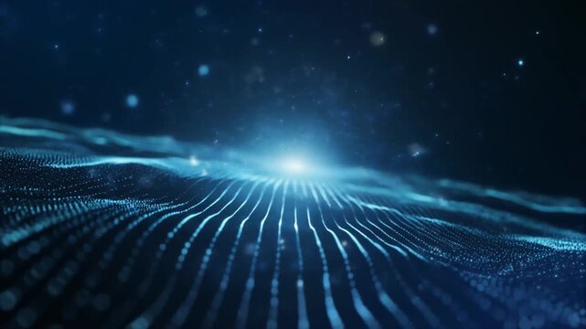 Blue digital wave pattern with glowing particles and light flare moving slowly in space