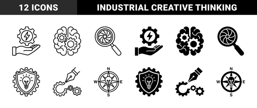 Monoline and Solid Hybrid Icons Merging Industrial Gears with Human Intelligence Brains Energy Lightning Bolts and Creative Growth Tree Symbols