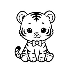 Obraz premium Cute cartoon baby tiger sitting with a bow tie illustration