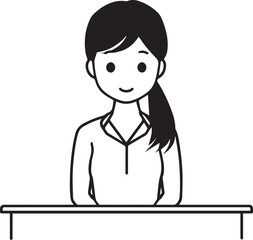 Obraz premium Hand Drawn Woman Sitting at Desk Black and White Avatar Illustration in Minimal Line Art Style Design