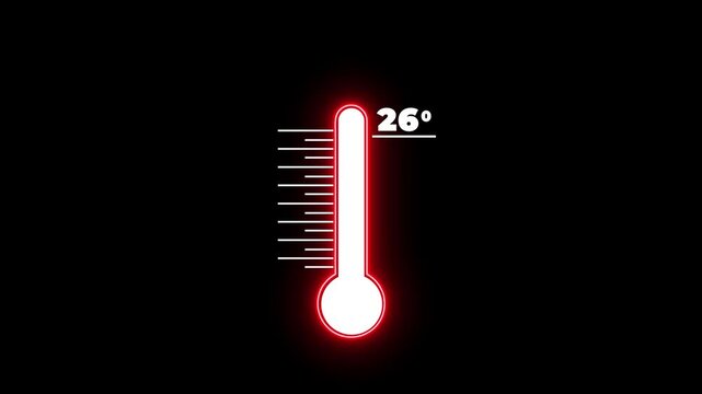 Glowing neon Medical thermometer icon animation. Digital meter indicates weather temperature 26 degree increse or decline. Thermometer equipment showing hot or cold weather.