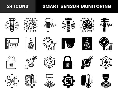Industrial monitoring and smart hardware maintenance icons featuring hybrid designs of mechanical bolts sensors biometric security and electrical components