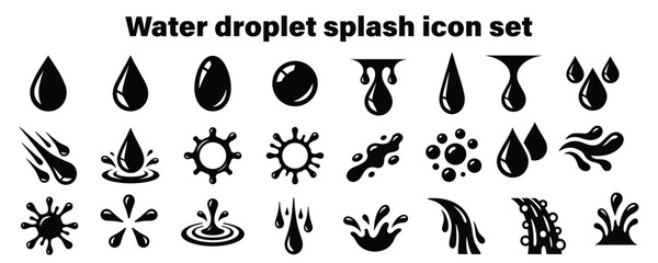 Creative black and white water droplet splash icon collection for various applications © MdRakibul