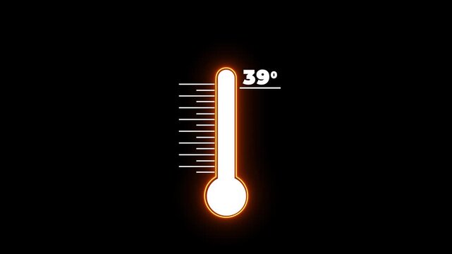 Neon Medical thermometer icon animation. Indicates weather temperature 39&deg;C. Thermometer equipment showing hot or cold weather. Weather forecast related animation.