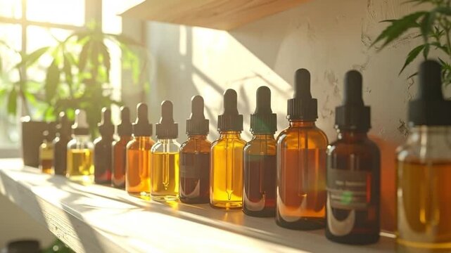 A row of amber glass bottles with droppers on a wooden shelf, illuminated by sunlight.