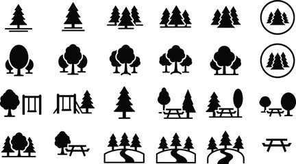 Solid silhouette vector forest icons featuring pine trees, park benches, swings, nature trails, and outdoor recreation landscape elements for SEO. © Nahl