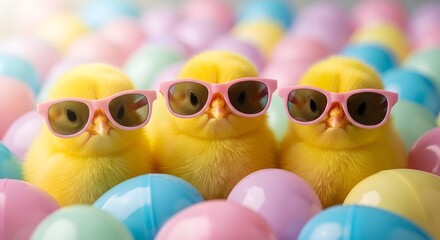 Fototapeta premium Easter sunday fun with three yellow chicks wearing sunglasses among colorful eggs