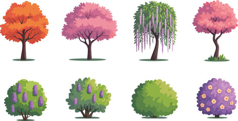 Eight colorful trees with different foliage and flowers in a row nature green © MSTAFRUZA