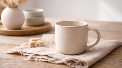 Fototapeta premium ceramic mug on linen napkin with sugar cubes on wooden table