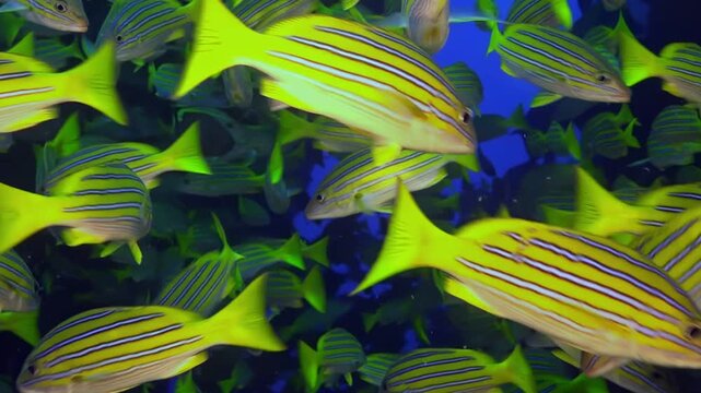 A large school of Yellowtail Grunts gather near a vibrant coral reef during a bright day in the beautiful Caribbean. Fish swim together, creating a mesmerizing aquatic ballet.