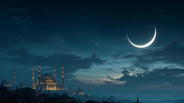A serene nighttime scene of a mosque with illuminated minarets under a crescent moon in a dark blue sky with scattered clouds