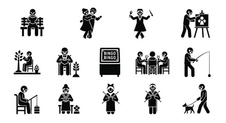 Diverse senior activities depicted in black glyph icons a striking silhouette © Rita