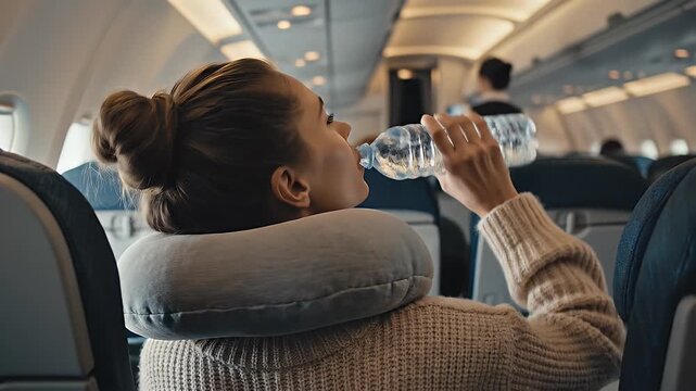 A woman with a bun hairstyle, wearing a travel pillow, sits in an airplane seat and drinks water from a plastic bottle.