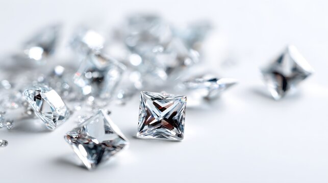 Sparkling Princess Cut Diamonds Scattered on a White Background.