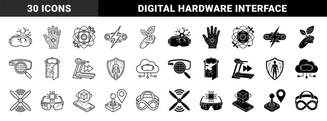 Fototapeta premium Hybrid Virtual Reality and Digital Technology Icon Set Featuring Augmented Reality Hardware Mixed with Organic and Scientific Conceptual Symbols