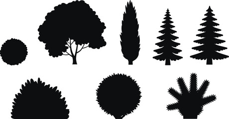 Various black silhouettes of trees and shrubs against a white background © MSTAFRUZA