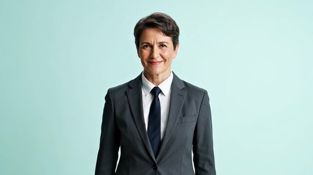 Professional person in formal attire pointing forward on a light backdrop