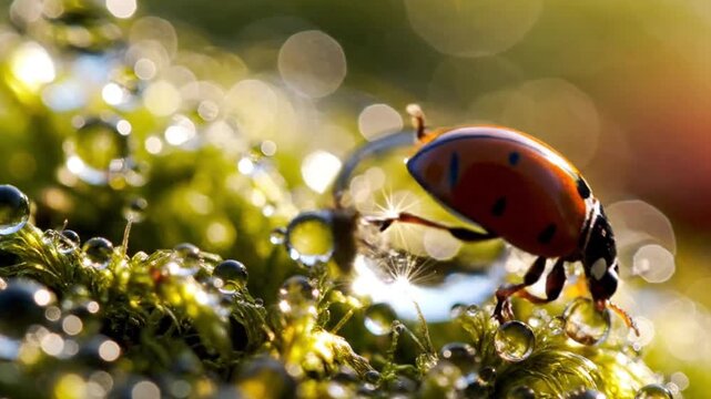 Close up motion of ladybug walking through dewdrops on mossy surface with bokeh background