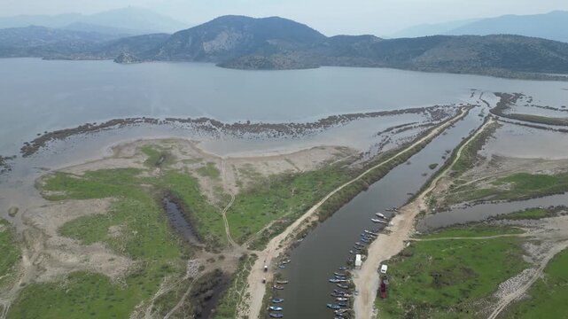 Sercin Village coastline drone view near Bafa Lake in Turkey
