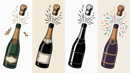 A series of illustrations depicts champagne bottles being opened with corks popping and celebratory bursts of color and light high quality professional detailed modern elegant stylish © Ultimate