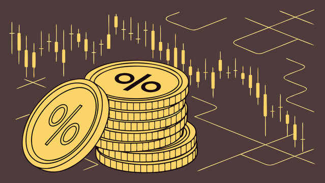 A vector graphic illustration of a stack of gold coins with percentage signs and stock market charts in the background.
