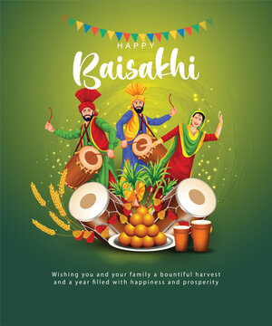 Happy Baisakhi festival of Punjab India background. group of people playing lohri dance. vector illustration banner design