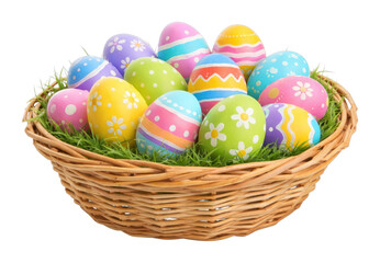 PNG Colorful Easter eggs in basket.