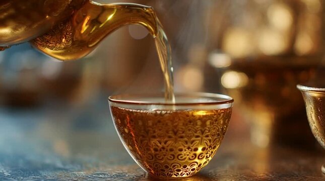 Tea is being poured into a decorative teacup from a teapot on a table with warm lighting