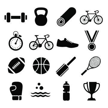 A collection of sports icons and equipment in a flat, minimalist design style