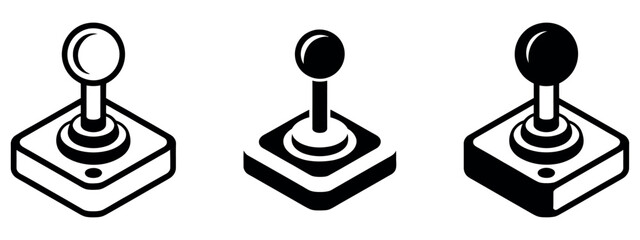 A collection of three retro-style joystick illustrations in line art, solid black, and silhouette styles on a white background, representing gaming. © akram