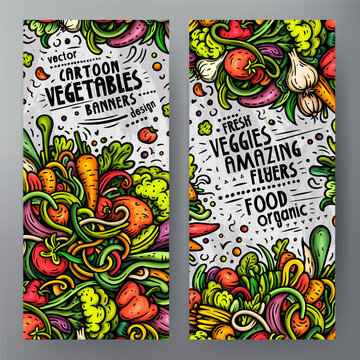 Cartoon vector doodle set of Fresh Vegetables banners templates. Corporate identity for the use on apps, branding, flyers, web design. Funny veggies colorful illustration.