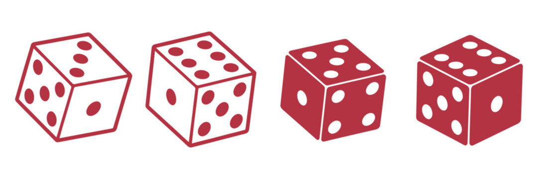 Six-sided dice icon in black outline style, showing all dice faces, ideal for gaming apps, board game graphics, educational materials, and dice-related vector concepts.