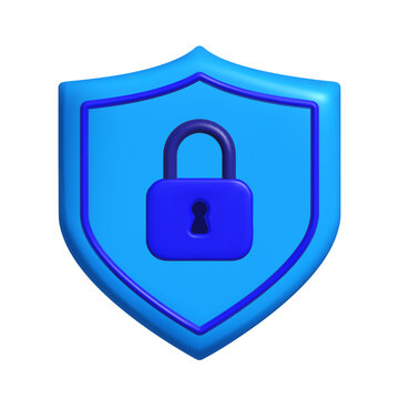 Glossy blue shield with darker blue outline, centered purple padlock and keyhole. Vector 3D icon depicts security and protection.