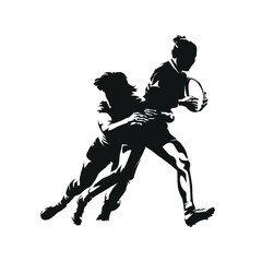 Vector silhouette of women playing rugby. One female player running with the ball while another player tackles her from behind. Dynamic sports illustration capturing action, women's rugby.