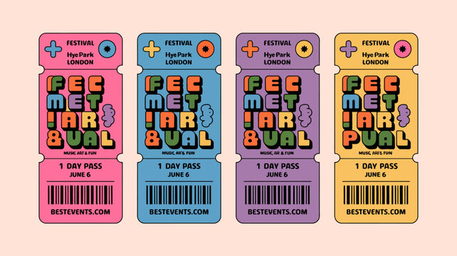 Four colorful festival tickets for feel marual at hyde park london on june 6th each with different color schemes high quality professional detailed modern elegant stylish