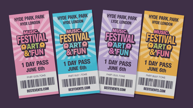 Four colorful hyde park festival tickets are displayed each indicating a one day pass for june 6th promoting music art and fun high quality professional detailed