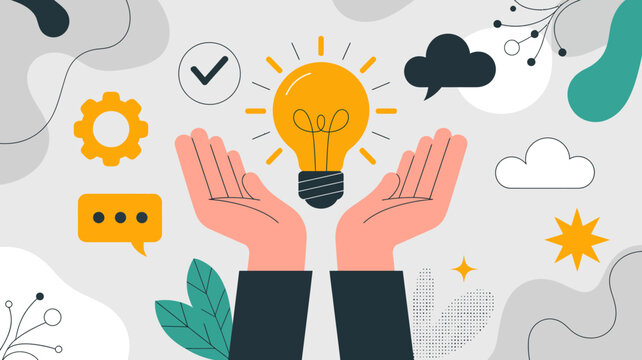 An illustration depicts hands cradling a glowing lightbulb symbolizing the nurturing of new ideas and innovative thinking high quality professional detailed modern elegant stylish clean crisp