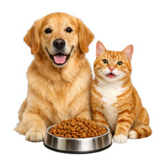 Obraz premium PNG Happy dog cat sharing meal